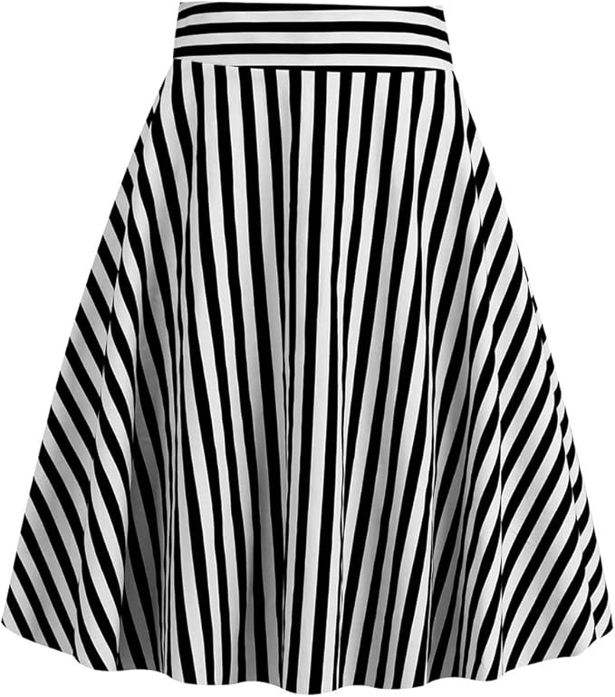 Amazon.com: 50s Flare Skirts for Women Vintage Striped Midi Skirts Black White Striped High Waist... | Amazon (US)