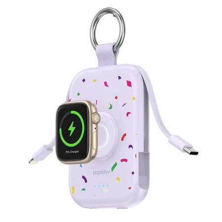 RORRY Portable Charger, 5000mAh Power Bank - Apple Watch Charger with Built-in Cables,Travel-Ready Portable Charger for iPhone 17/ 16/15/14 ,Android ,Apple Watch Ultra2/11/10/9/8, Confetti-Purple | Walmart (US)