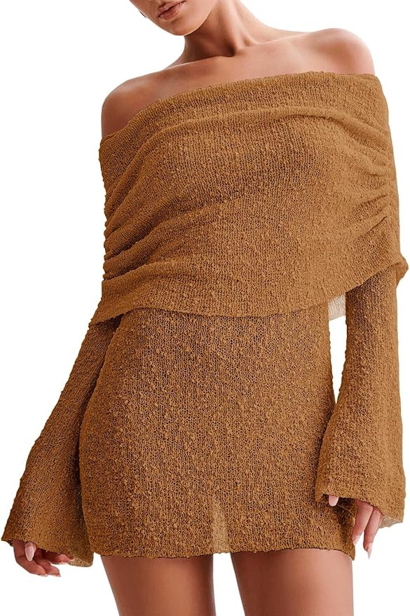 Imily Bela Womens Beach Swimsuit Cover Ups Summer Off The Shoulder Long Bell Sleeve Sheer Mini Dr... | Amazon (US)