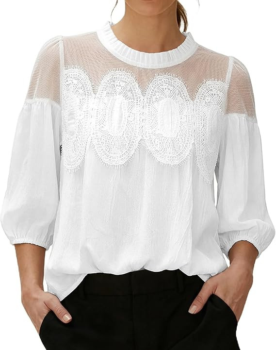 Bsubseach Women Lace Detail Blouses 3/4 Puff Sleeve Textured Swing Babydoll Mesh Top Crew Neck Em... | Amazon (US)