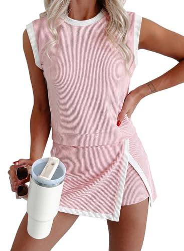 EVALESS 2 Piece Sets for Women Summer Ribbed Knit Tank Top and Elastic Waist Split Lined Skirt 2026 Spring Lounge Outfits 2 Piece Matching Set Pink X-Large | Amazon (US)