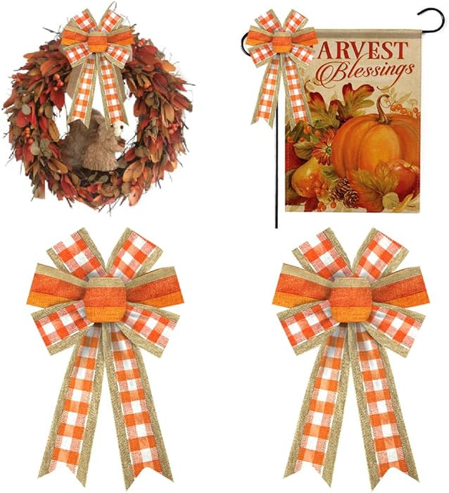 Hying 2 Pieces Fall Bows for Wreath, Thanksgiving Wreath Bows White Orange Buffalo Plaid Bows Nat... | Amazon (US)
