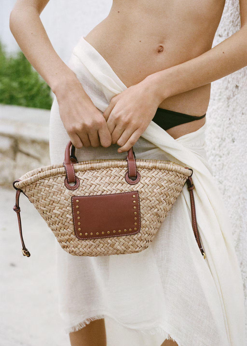 Small double-handle natural fiber basket leather - Women - One size - MANGO | Mango (US/MX/AU)