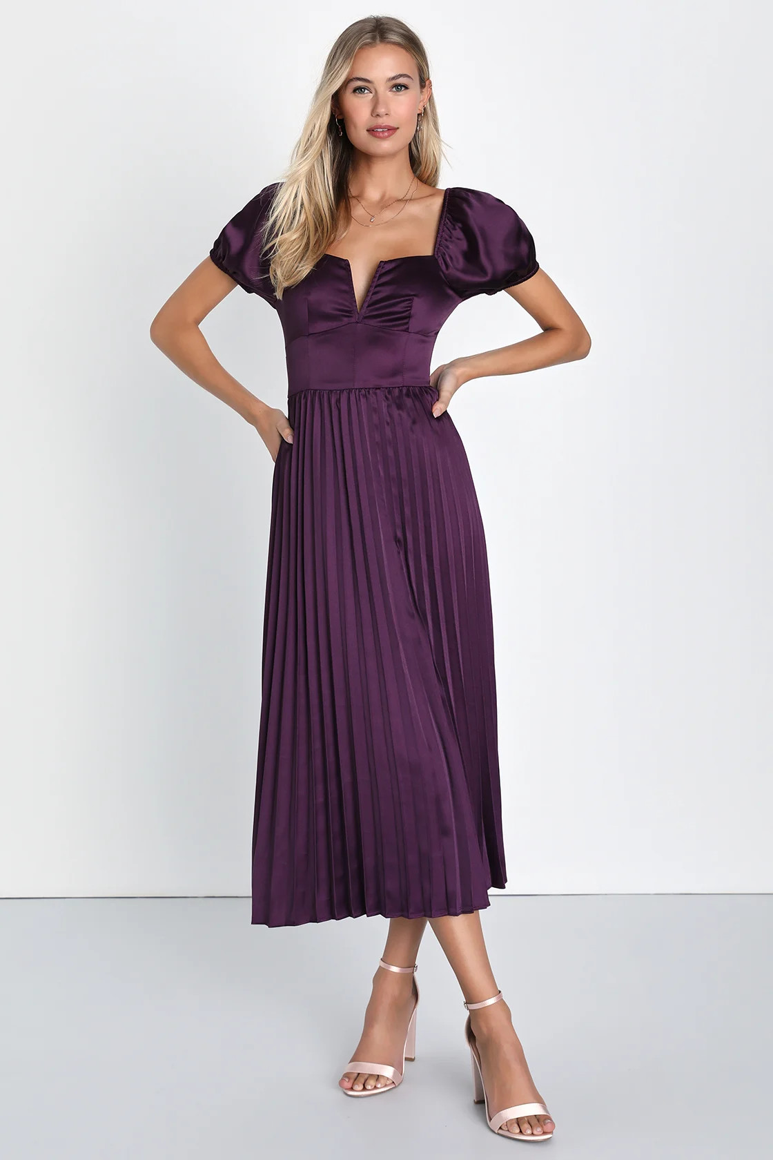 Flawless Forever Dark Purple Satin Pleated Midi Dress | Lulus