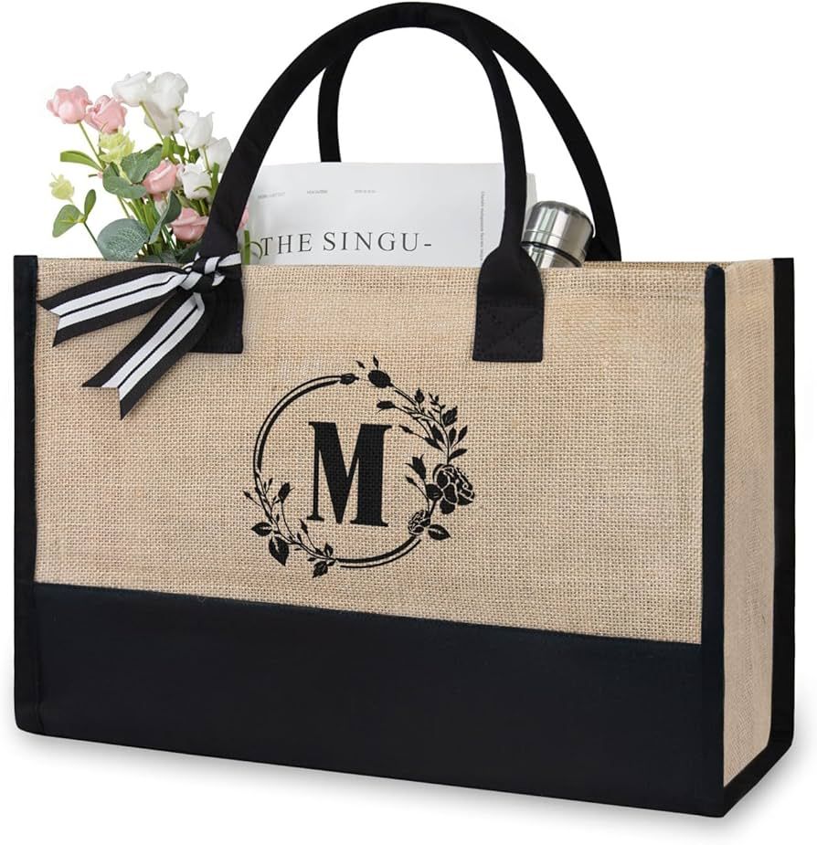 TOPDesign Initial Jute/Canvas Tote Bag, Personalized Present Bag, Suitable for Wedding, Birthday,... | Amazon (US)