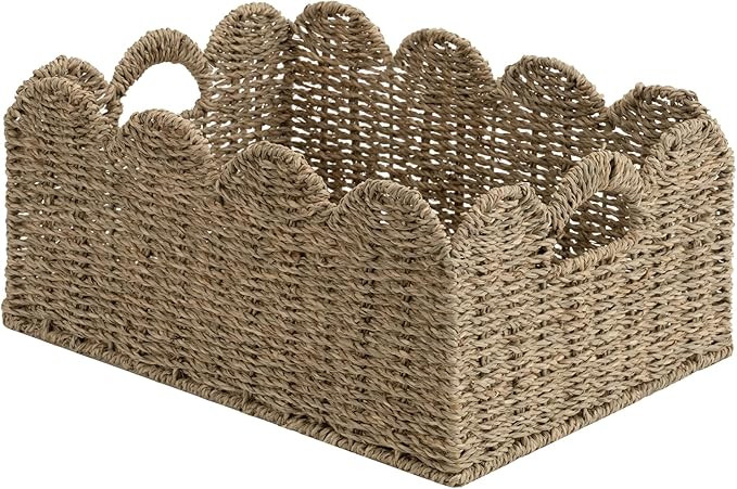 Amazon.com: StorageWorks Scalloped Seagrass Baskets, Hand-woven Rattan Baskets with Built-in Hand... | Amazon (US)