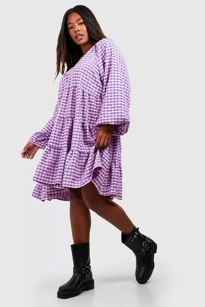 Plus Crinkle Tiered Check Smock Dress | boohoo (US & Canada)