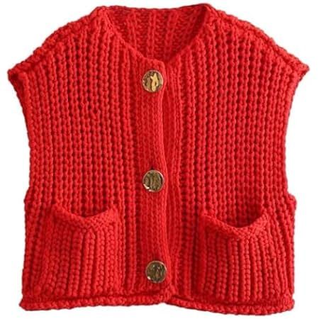 Womens Casual Chunky Knit Vest Gold Button Down Crop Crochet Sleeveless Sweater Vest | Amazon (US)