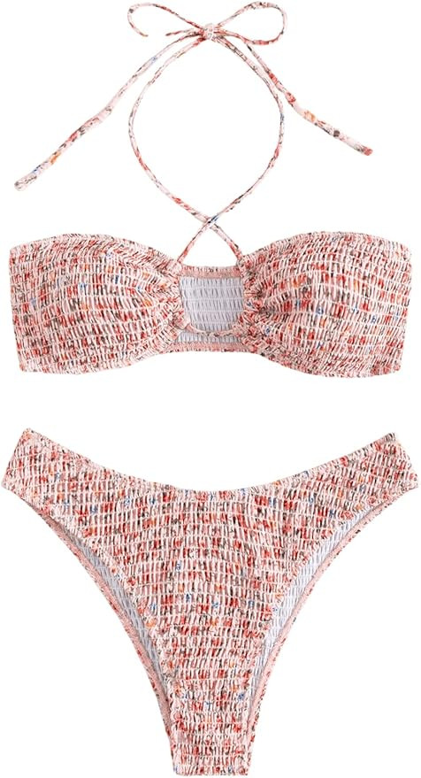 SweatyRocks Women's 2 Piece Bathing Suit Ribbed Tie Side Halter Bikini Swimsuit | Amazon (US)