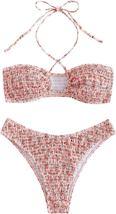 SweatyRocks Women's 2 Piece Bathing Suit Ribbed Tie Side Halter Bikini Swimsuit | Amazon (US)