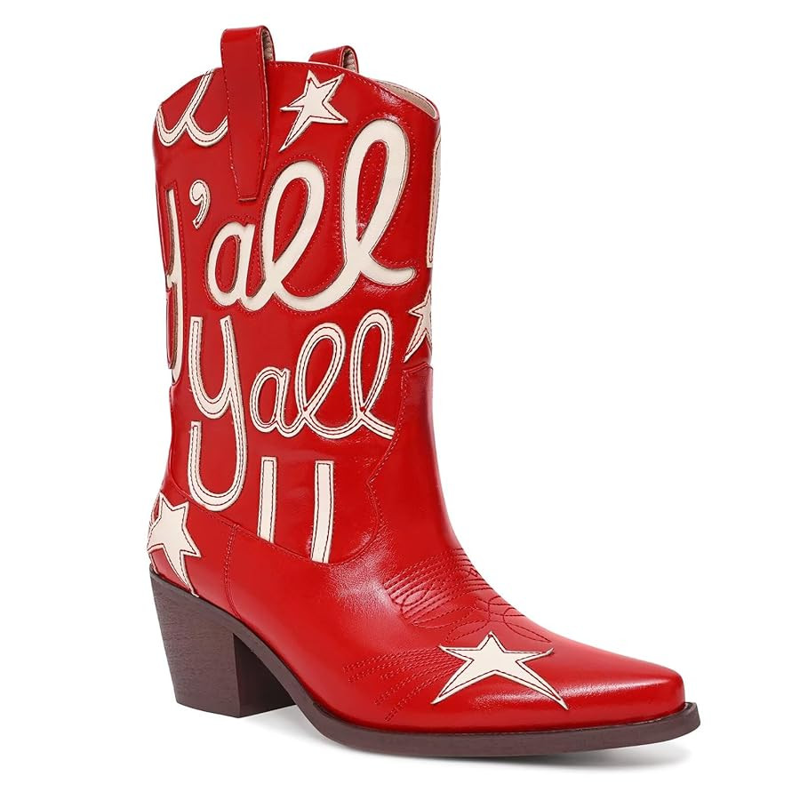 Metallic Cowboy boots for Women Mid Calf Low Heel Pointed Toe Womens Cowgirl Boots Fashion Embroi... | Amazon (US)