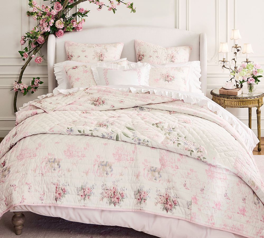 LoveShackFancy Floral Bow Patchwork Embroidered Quilt | Pottery Barn (US)