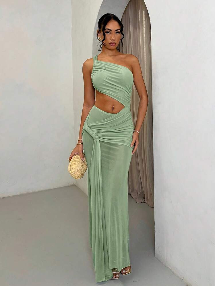 SHEIN BAE Women's Green Vacation Asymmetric Asymmetric Neck Slim Sexy Hollow-Out Sheer Mesh Dress, Summer | SHEIN