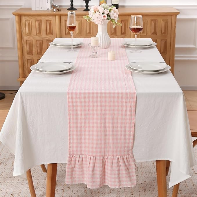 Peachy Blush White Plaid Gingham Ruffle Table Runner 90 inches Long 100% Washed Cotton Decorative... | Amazon (US)