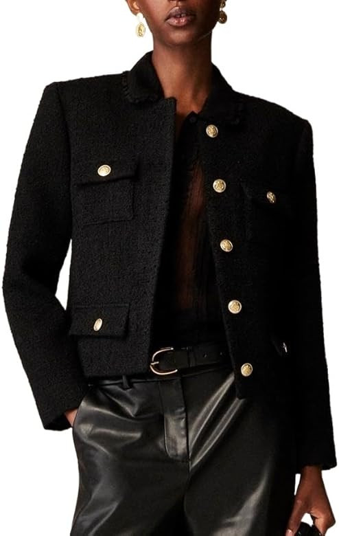 Womens Cropped Tweed Jackets Collarless Button Down Business Blazer Casual Outfits with Pockets | Amazon (US)