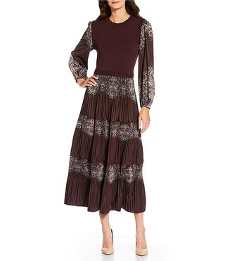 Current Air Pleated Tiered Crew Neck Long Sleeve Twofer Midi Dress | Dillard's | Dillard's