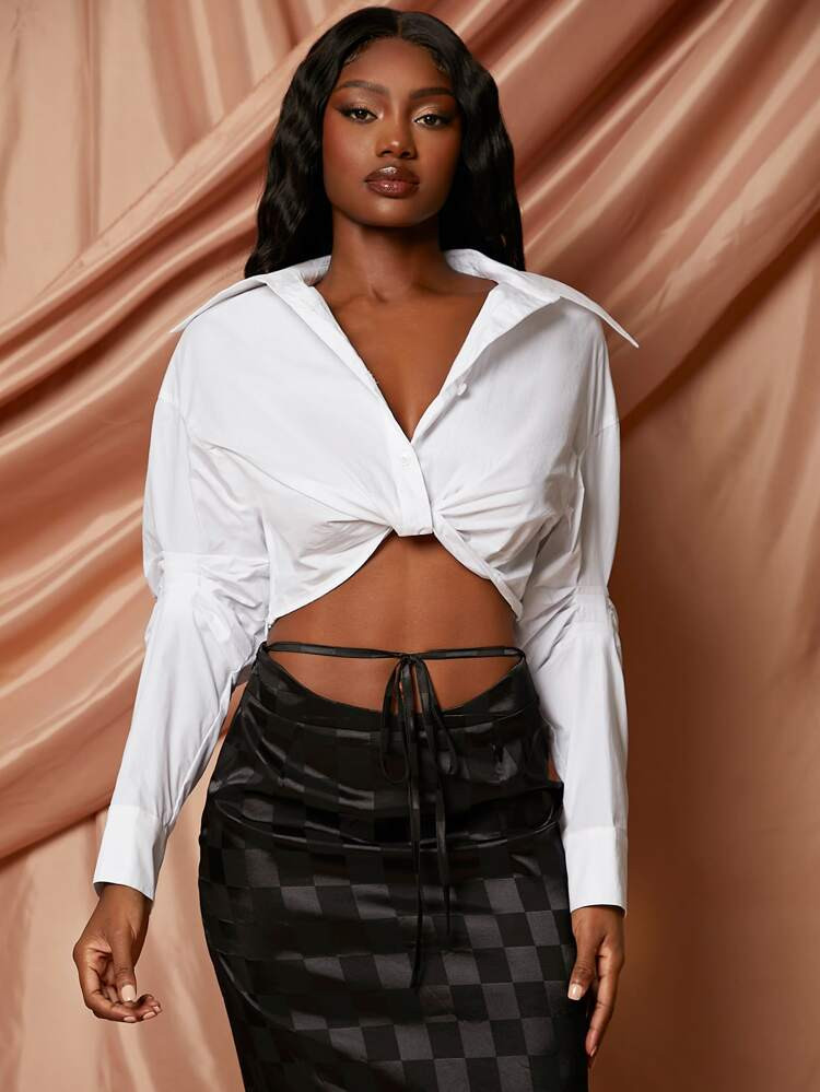 SHEIN Drop Shoulder Twist Front Crop Shirt | SHEIN