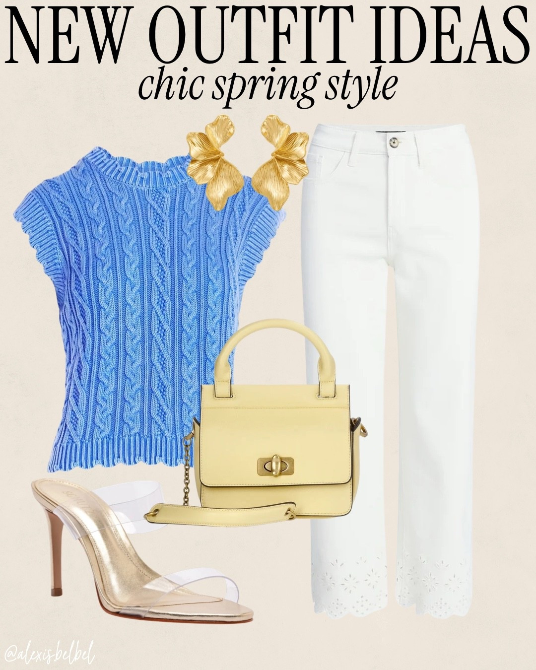 Trending spring outfit idea love this blue cable knit sweater and white jeans with this butter yellow bag 

#LTKSeasonal #LTKootd #LTKPetite