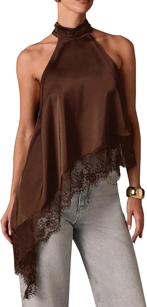Women Satin Halter Top Y2K Mock Neck Lace Trim Asymmetrical Hem Tank Top Sleeveless Going Out Cro... | Amazon (US)