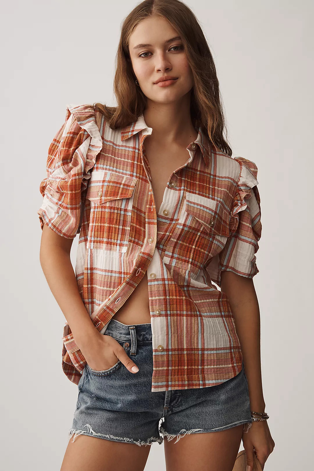 The Ozzi Plaid Ruffle-Sleeve Buttondown Shirt by Pilcro | Anthropologie (US)