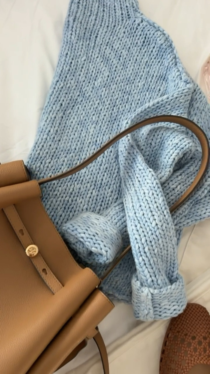 Icy blue sweater, tory burch bucket bag, spring trends 2026, spring outfit, spring fragrance, annabrstyle.

#LTKOver40