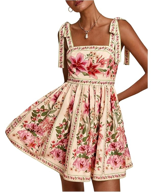 OYOANGLE Women's Floral Sleeveless Boho Beach Dress Tie Shoulder Summer Short Dress Flowy A Line ... | Amazon (US)