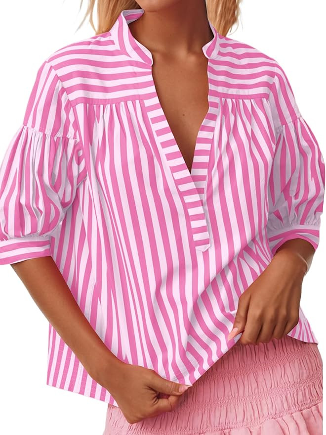 Women Puff Short Sleeve Blouses Striped V Neck Loose Business Casual Shirts Office Work Dressy T ... | Amazon (US)