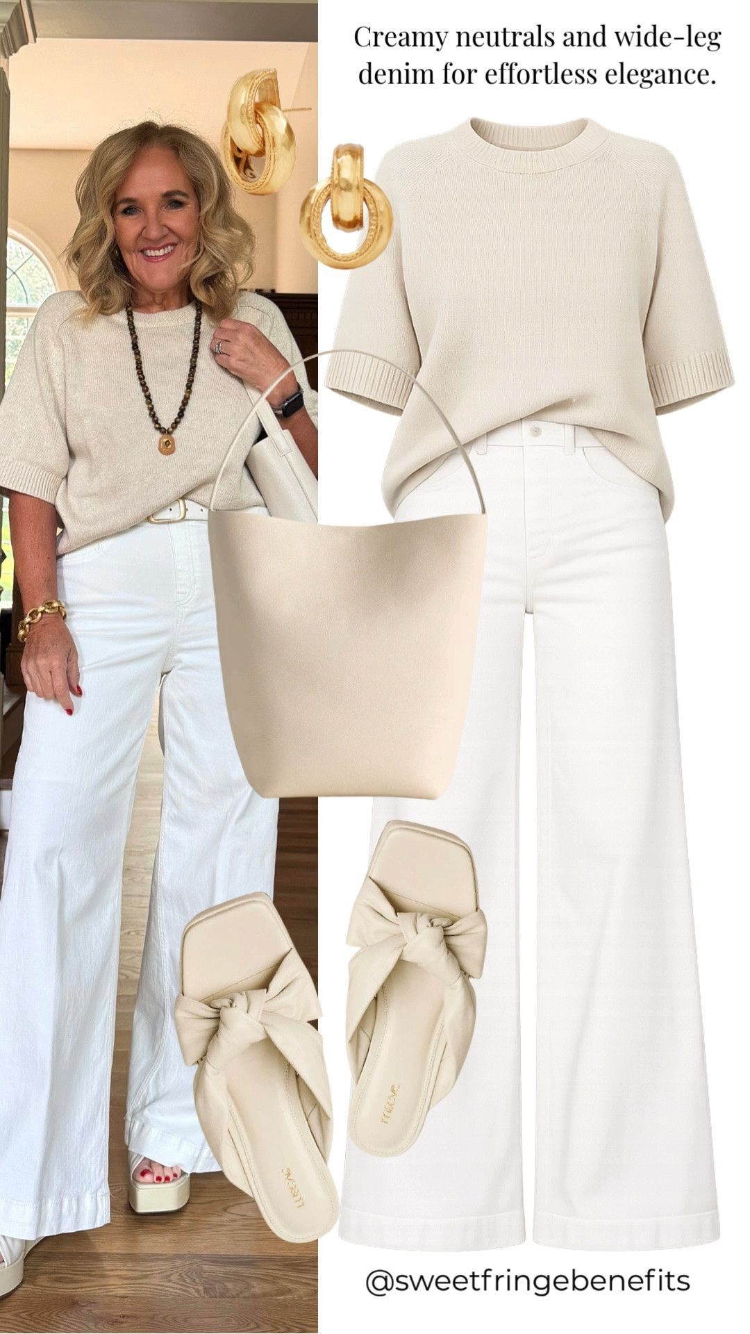 Creamy neutrals and white wide-leg denim create such an effortlessly elegant look. A soft knit top and bow-detail sandals keep it comfortable and polished.

💡 LTK MADE EASY
❤️ Heart = Support my posts!
🔖 Save = Get sale & restock alerts
📋 Lists = Keep favorites organized
📲 Share = Send lists and products to a friend. Hello, Christmas List!
💬 Comment = Ask me anything about what I'm wearing.:-)

#LTKootd #LTKgrwm #LTKOver40