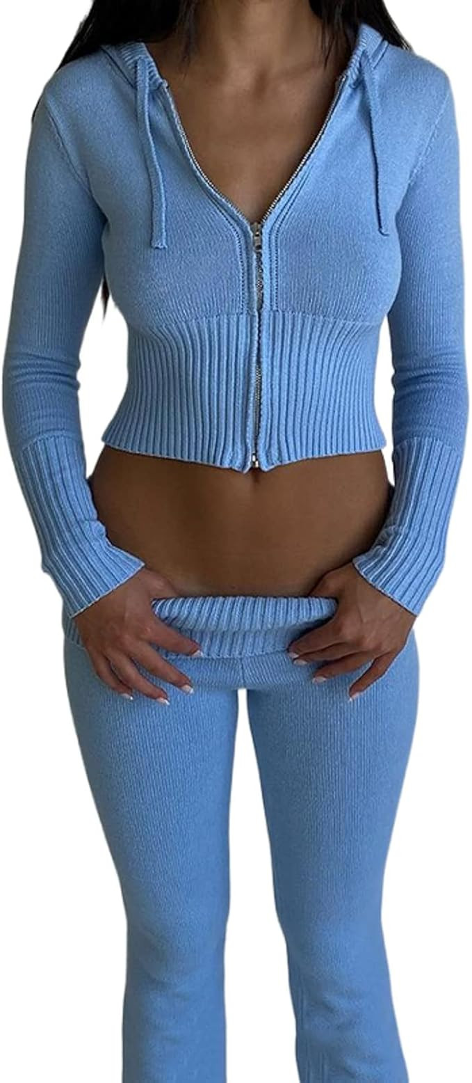 Womens Knit 2 Piece Outfits Long Sleeve Crop Zip Up Hoodie Y2k High Waist Skinny Pants Lounge Set... | Amazon (US)