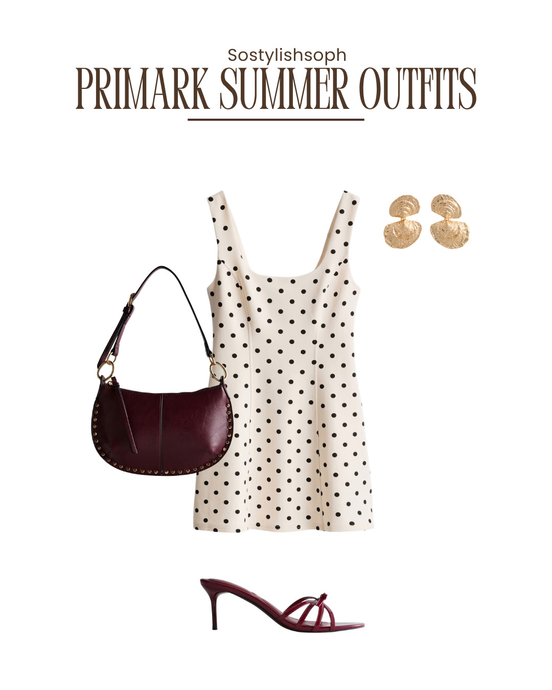 rimark summer outfits, polka dot mini dress, cream polka dot dress, sleeveless mini dress, summer mini dress, chic evening outfit, date night outfit, holiday dinner outfit, classic feminine style, burgundy shoulder bag, wine red handbag, gold statement earrings, burgundy heeled sandals, strappy mule heels, elegant summer look, minimalist fashion post, going out outfit, dressy summer outfit 

 #LTKsummer #LTKeurope #LTKdatenight