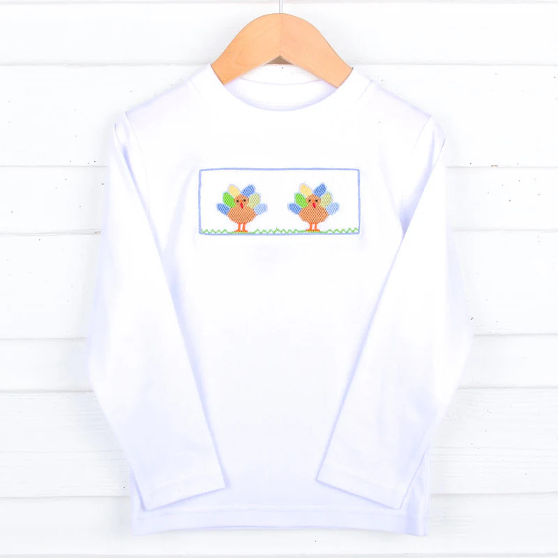 White Smocked Turkey Long Sleeve Shirt | Classic Whimsy