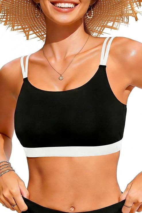 Women Sports Bra Bikini Top - Scoop Neck Criss Cross Back Swim Top Spaghetti Straps Bathing Suit ... | Amazon (US)