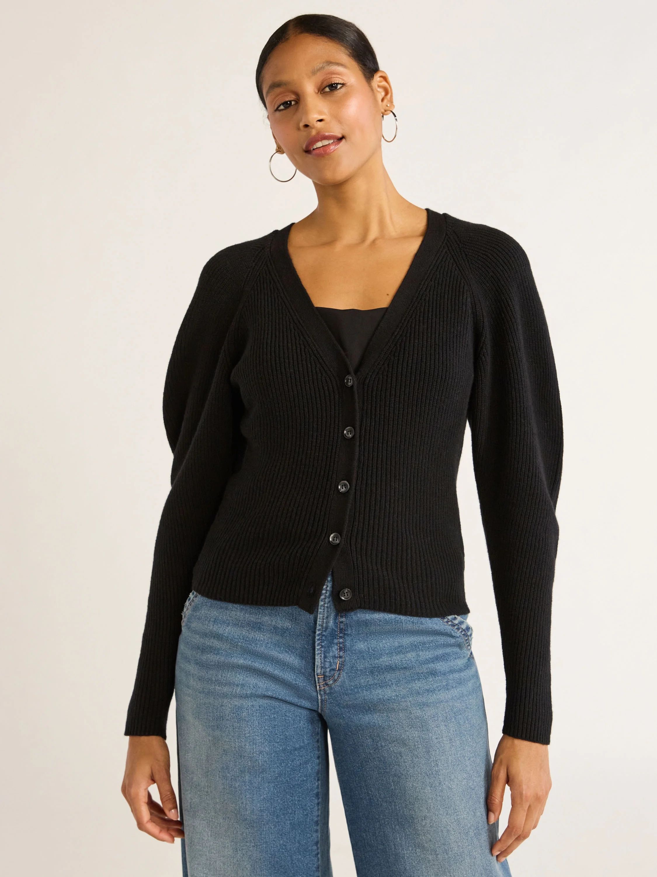 Scoop Women's Puff Sleeve Cardigan Sweater, Lightweight, Sizes XS-XXL | Walmart (US)