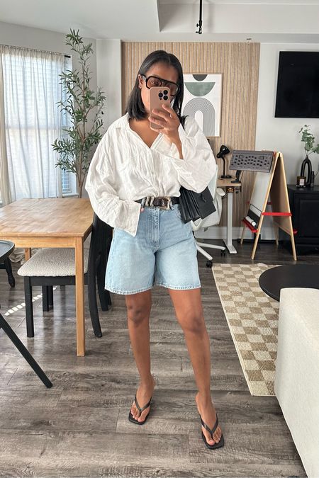Oversized button down with denim Bermuda shorts and sandals. Minimalist outfit casual outfit 

#LTKStyleTip #LTKFindsUnder100