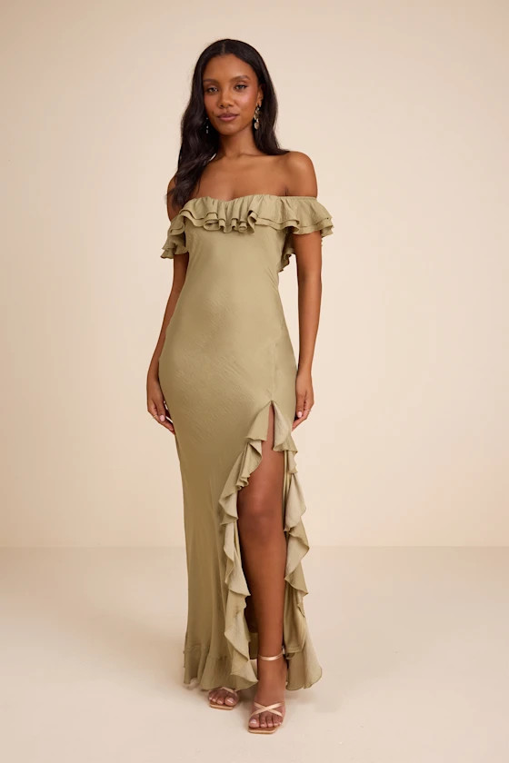 Eloisa Light Olive Satin Off-the-Shoulder Maxi Dress | Easter dresses  | Lulus