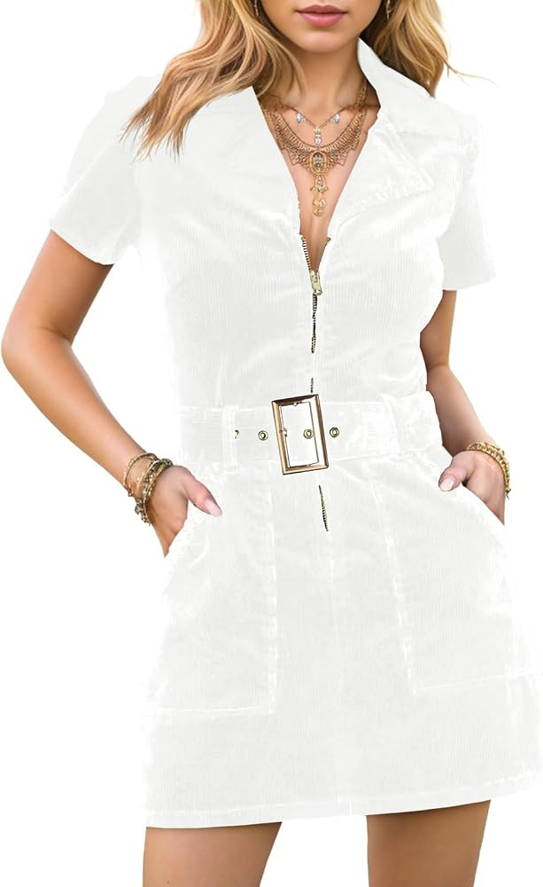 Women's Corduroy Mini Dress Short Sleeve Lapel Zip Up Belted Cowgirl Dresses with Pockets Blue at... | Amazon (US)