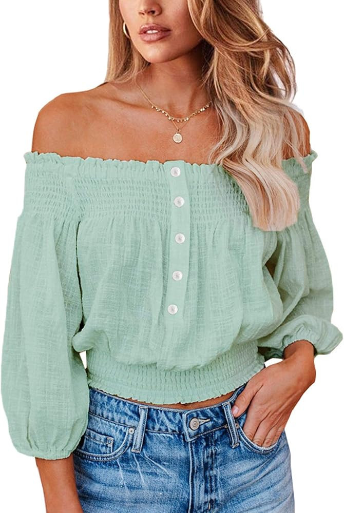 Angashion Women's Tops Sexy Off Shoulder Floral Flare Long Sleeves Printed Cropped Shirt Blouses Whi | Amazon (US)