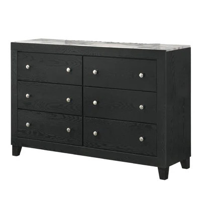 Contemporary Modern White Faux Marble Top 6-Drawer Dresser with Black Finish, Perfect for Stylish and Functional Bedroom Storage. | Wayfair North America