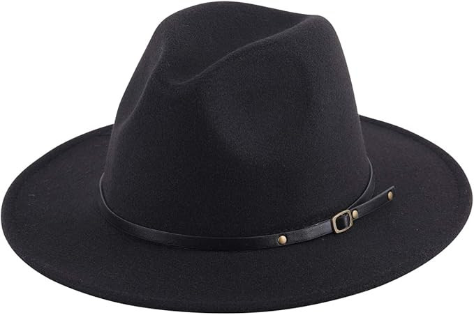 Lanzom Women Lady Retro Wide Brim Floppy Panama Hat Belt Buckle Wool Fedora Hat | Amazon (US)