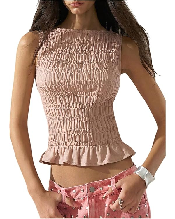 SOLY HUX Women's Shirred Ruffle Tank Tops Summer Sleeveless Slim Fit Going Out Vest Shirts Street... | Amazon (US)
