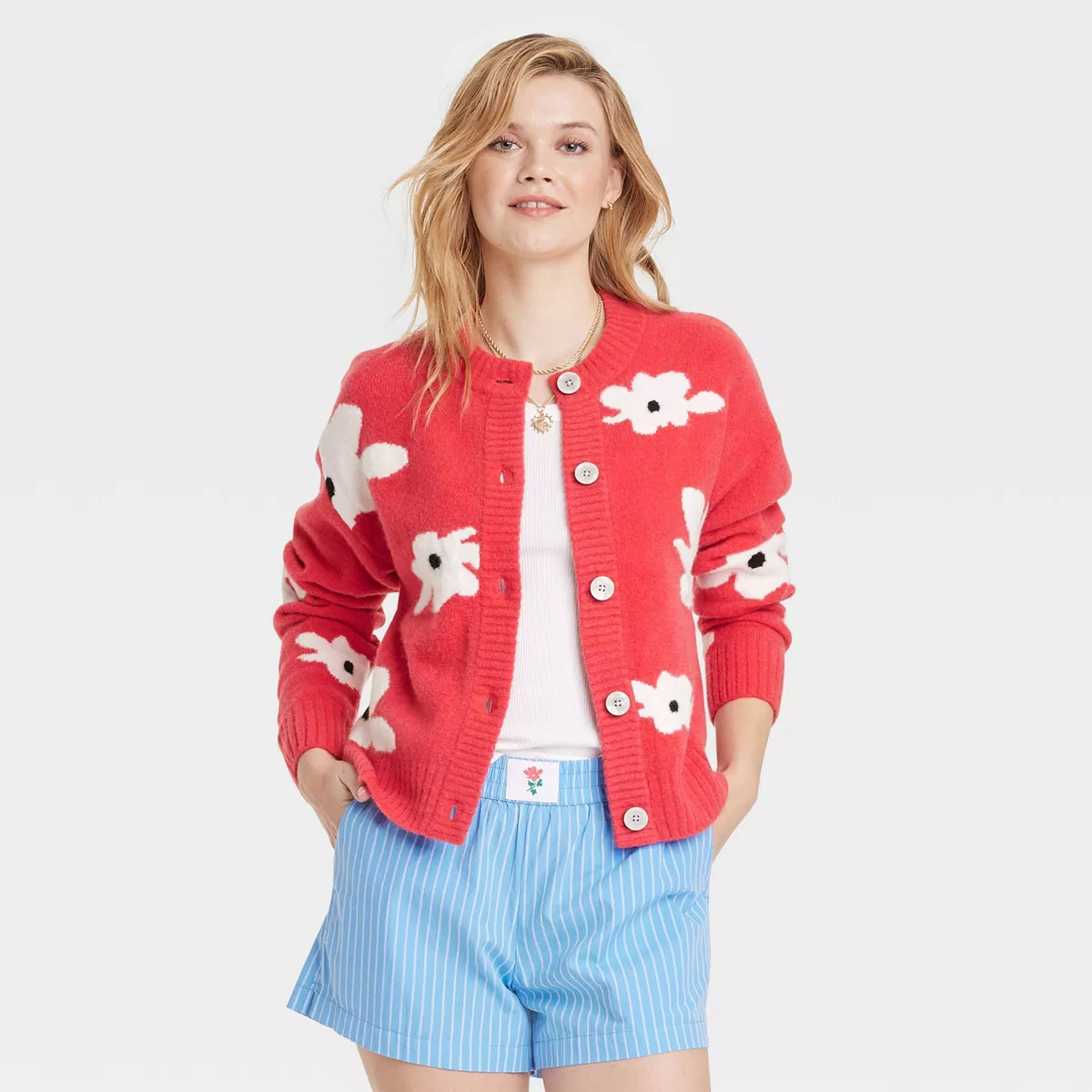 Women's Button-Front Cardigan - Universal Thread™ Red/White Floral L | Target