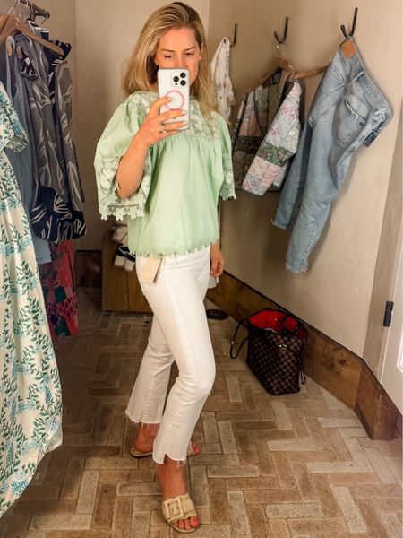 Casual summer outfit! #momstyle #everydayoutfit 

Coastal Style, summer trends, summer outfits, staples, splurges, saves, affordable finds, colorful, everyday finds, elevated looks, effortless style, white denim, blouse, green top

#LTKStyleTip #LTKSeasonal
