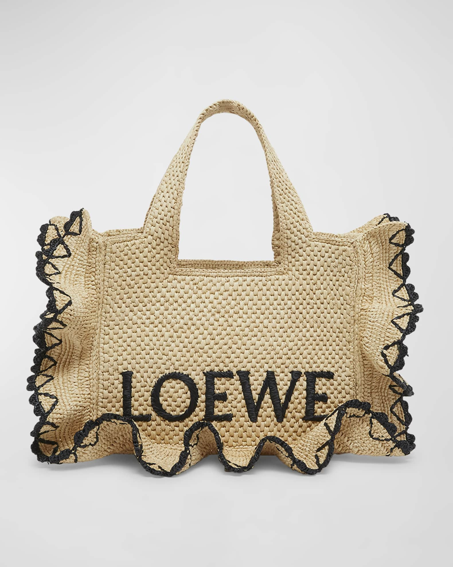 x Paula’s Ibiza Font Logo Small Tote Bag in Raffia with Ruffles | Neiman Marcus