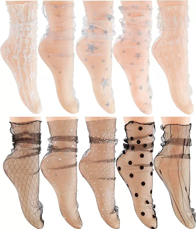 Benefeet Sox Womens Sheer Mesh Crew Socks Girls Cute Lace Nylon Transparent  Ultrathin Novelty See Through Ankle Socks