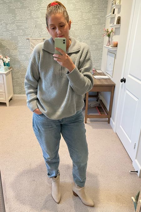 One of my Go To Fall Fits 

Old Navy Rib-knit, quarter zip sweater - size L (if in-between sizes, go down)

Old Navy Mom Jeans - size 12

Time and Tru Women’s Western Slouch Boots 

Gorjana Initial Gold Choker

#LTKstyletip #LTKfit #LTKcurves