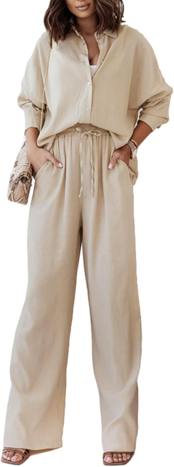 Yuemengxuan Women 2Pcs Casual Outfits Set Button Down Long Sleeve Shirt High Waist Pleated Pants ... | Amazon (US)