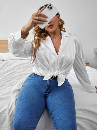 Plus Satin Lapel Collar Blouse | SHEIN