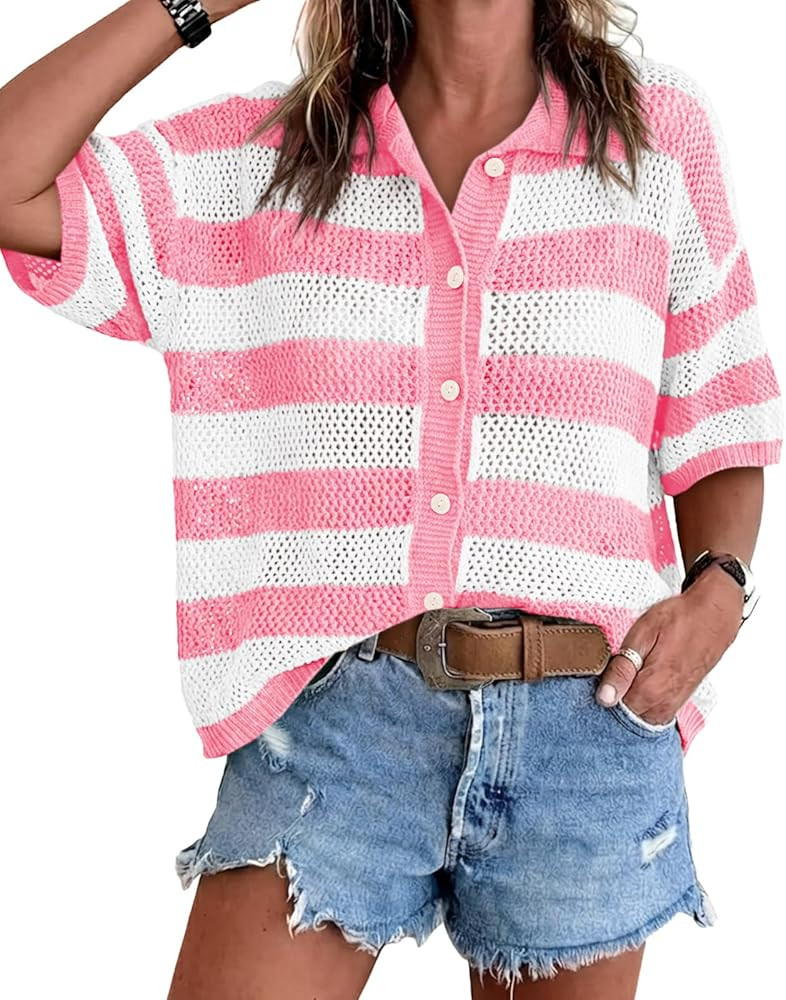 Cicy Bell Womens Summer Striped Crochet Cardigan Sweater Half Sleeve Button up Tops Loose Fit Cov... | Amazon (US)