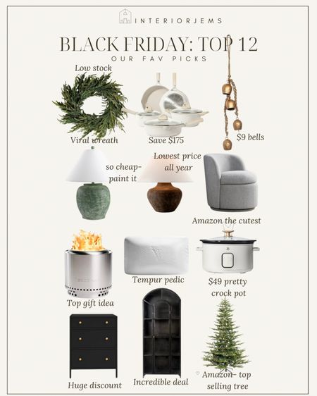 Our top 12 picks for Black Friday, viral wreath almost out of stock, set of pots and pans incredible deal, &49 crock pot, Amazon, stop selling Christmas tree, the solo stove do you need for any guy, super affordable table lamps, the cutest accent chair from Amazon, an incredible deal on this black arched cabinet, love this black nightstand that’s half price, anyone needs a Tempur-pedic pillow perfect for a gift, brass bells for Christmas only nine dollars

#LTKGiftGuide #LTKhome #LTKCyberWeek
