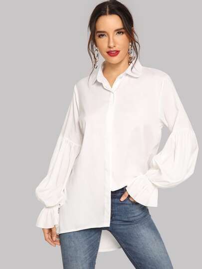 Bishop Sleeve Curved Dip Hem Shirt | SHEIN